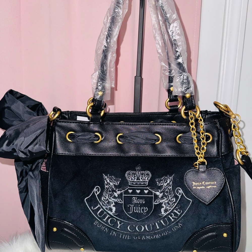 Official Heritage Juicy Couture Black Satchel with Bow and Heart Charms
